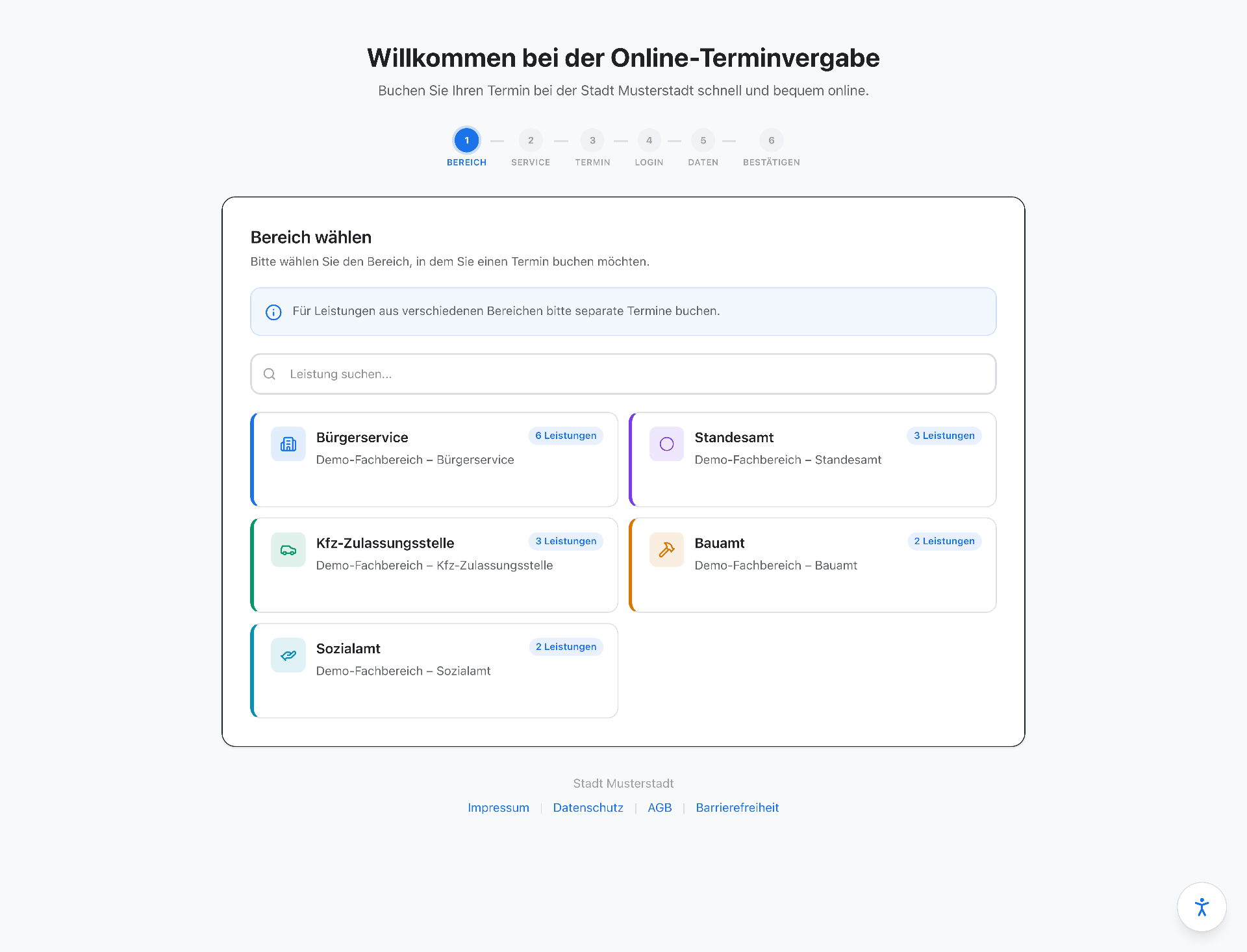 Amturo Online-Terminbuchung mit Auswahl des Fachbereichs